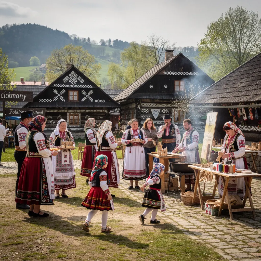 Lush green meadows in the Slovak countryside during spring, with wildflowers blooming.