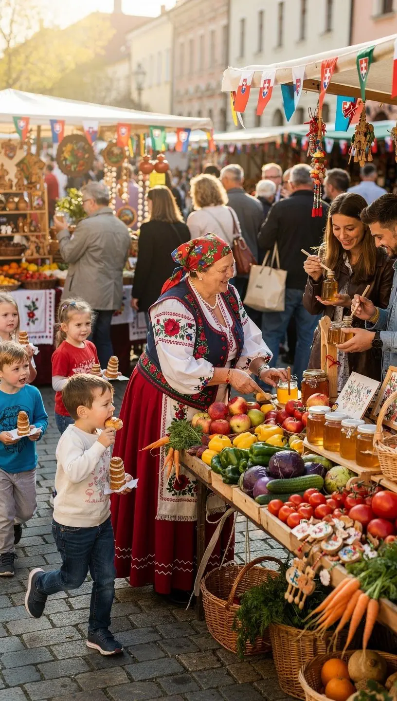 Bustling market square in a Slovak town during summer, filled with tourists and local crafts.